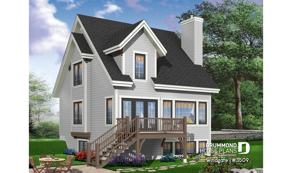 Color version 1 - Rear - Affordable country house plan, 3 bedrooms, open space, fireplace, panoramic view - Windgate