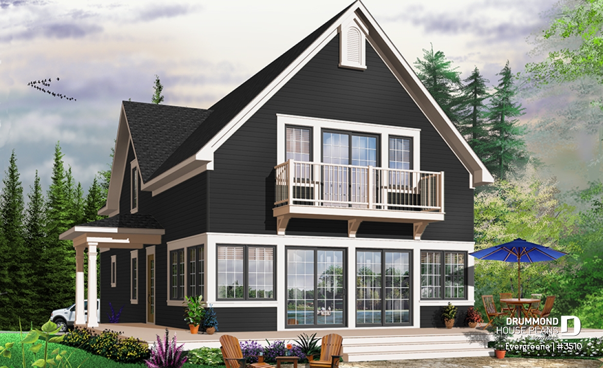 Rear view - BASE MODEL - Scandinavian style country cottage plan, master on main, open floor plan, panoramic view, large kitchen - Evergreene