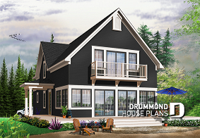 Rear view - BASE MODEL - Scandinavian style country cottage plan, master on main, open floor plan, panoramic view, large kitchen - Evergreene