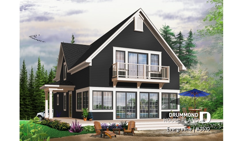 Rear view - BASE MODEL - Scandinavian style country cottage plan, master on main, open floor plan, panoramic view, large kitchen - Evergreene