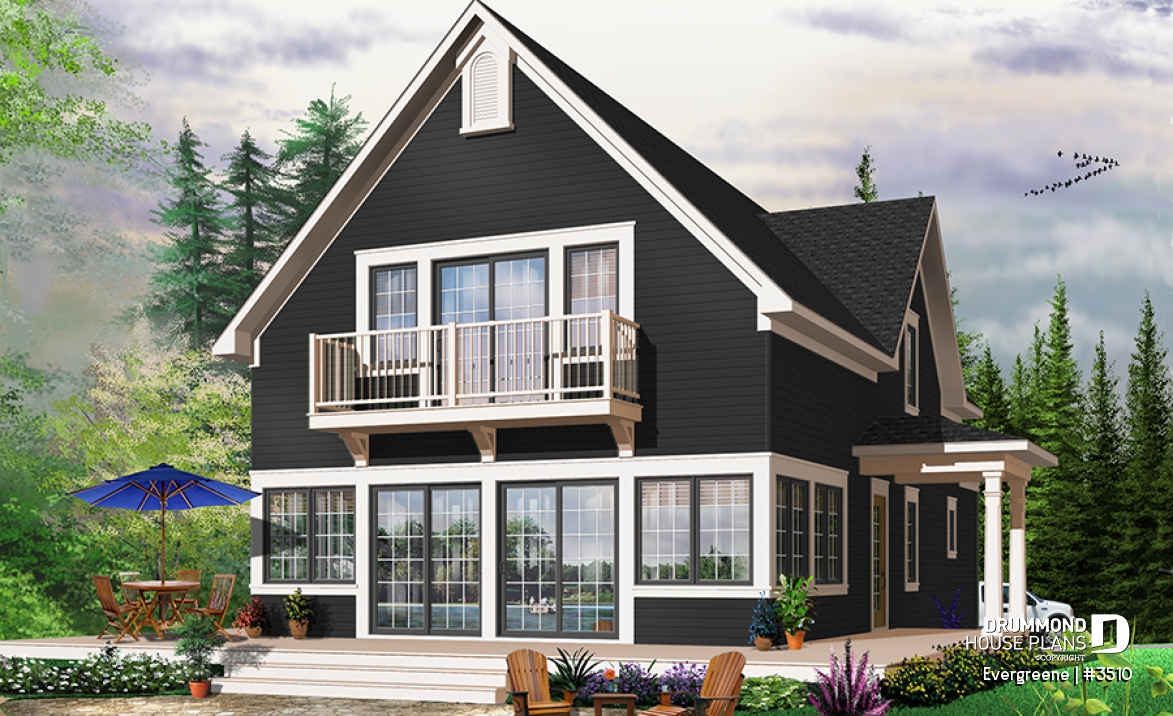 Rear view - BASE MODEL - Scandinavian style country cottage plan, master on main, open floor plan, panoramic view, large kitchen - Evergreene