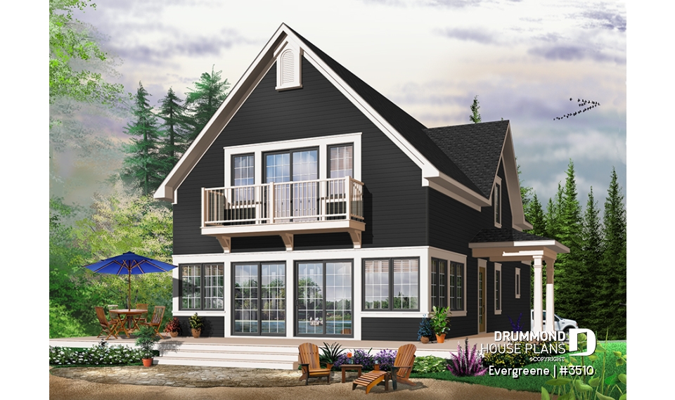 Rear view - BASE MODEL - Scandinavian style country cottage plan, master on main, open floor plan, panoramic view, large kitchen - Evergreene