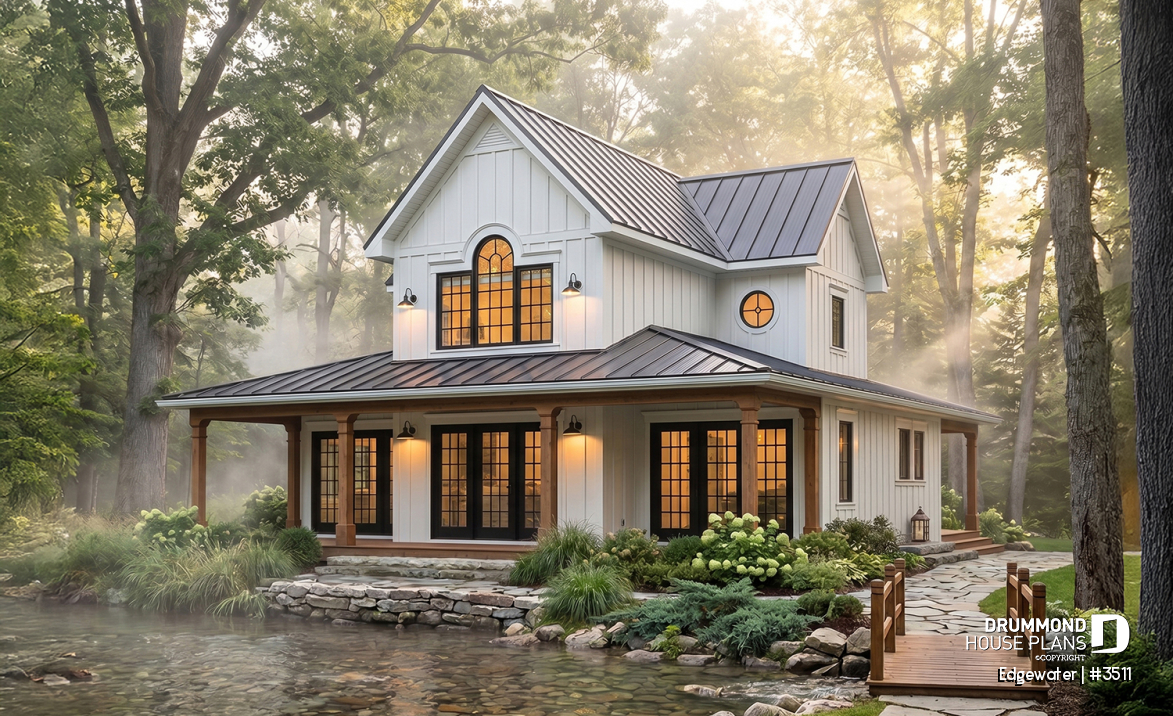 front - BASE MODEL - 4 season Chalet or lakefront home plan with two fireplaces, 3 to 4 bedrooms, two family rooms, covered porch - Edgewater
