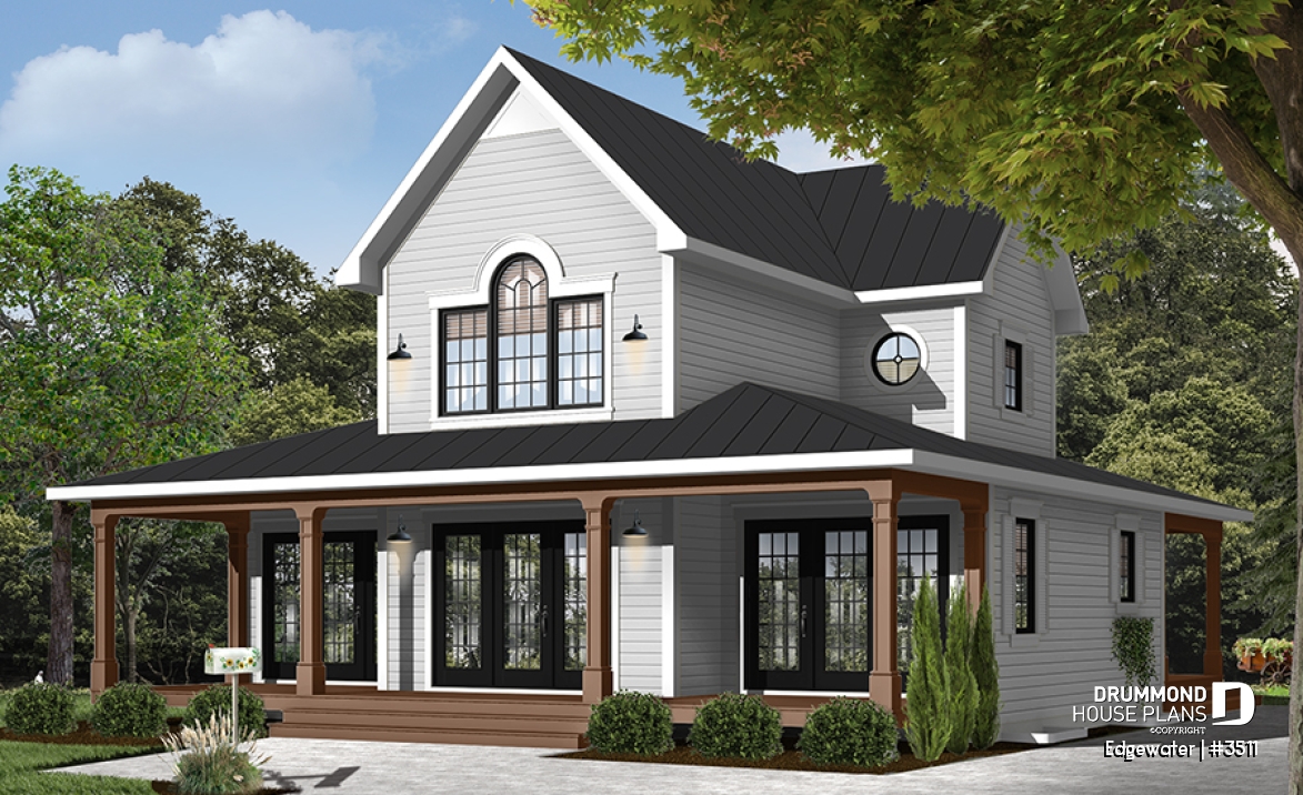 front - BASE MODEL - 4 season Chalet or lakefront home plan with two fireplaces, 3 to 4 bedrooms, two family rooms, covered porch - Edgewater