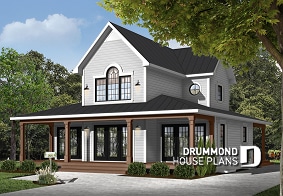 front - BASE MODEL - 4 season Chalet or lakefront home plan with two fireplaces, 3 to 4 bedrooms, two family rooms, covered porch - Edgewater