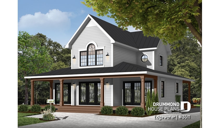 front - BASE MODEL - 4 season Chalet or lakefront home plan with two fireplaces, 3 to 4 bedrooms, two family rooms, covered porch - Edgewater