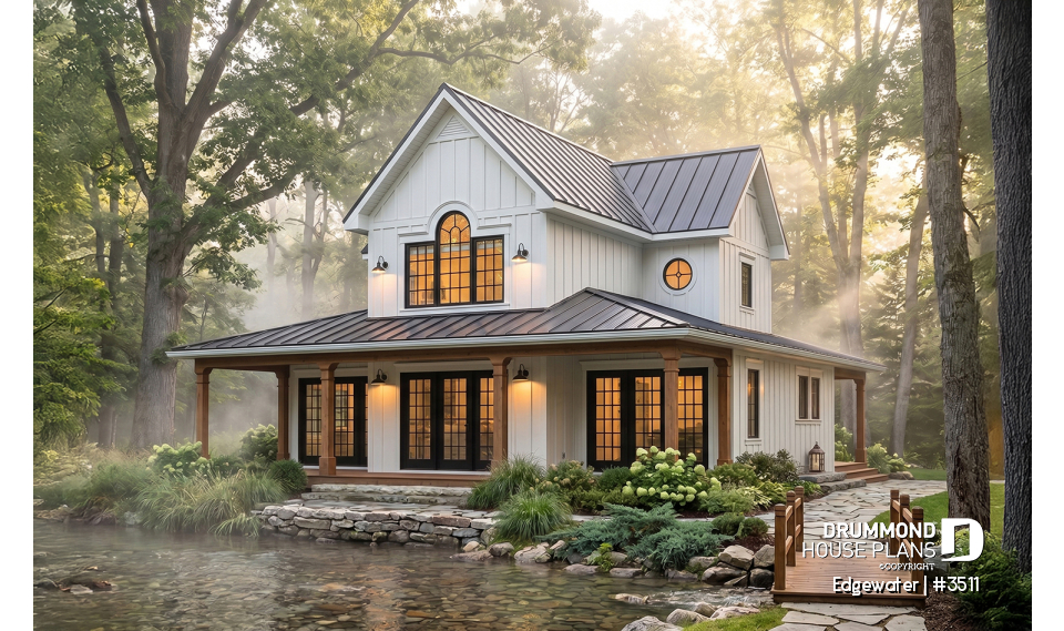 front - BASE MODEL - 4 season Chalet or lakefront home plan with two fireplaces, 3 to 4 bedrooms, two family rooms, covered porch - Edgewater