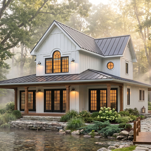 front - BASE MODEL - 4 season Chalet or lakefront home plan with two fireplaces, 3 to 4 bedrooms, two family rooms, covered porch - Edgewater