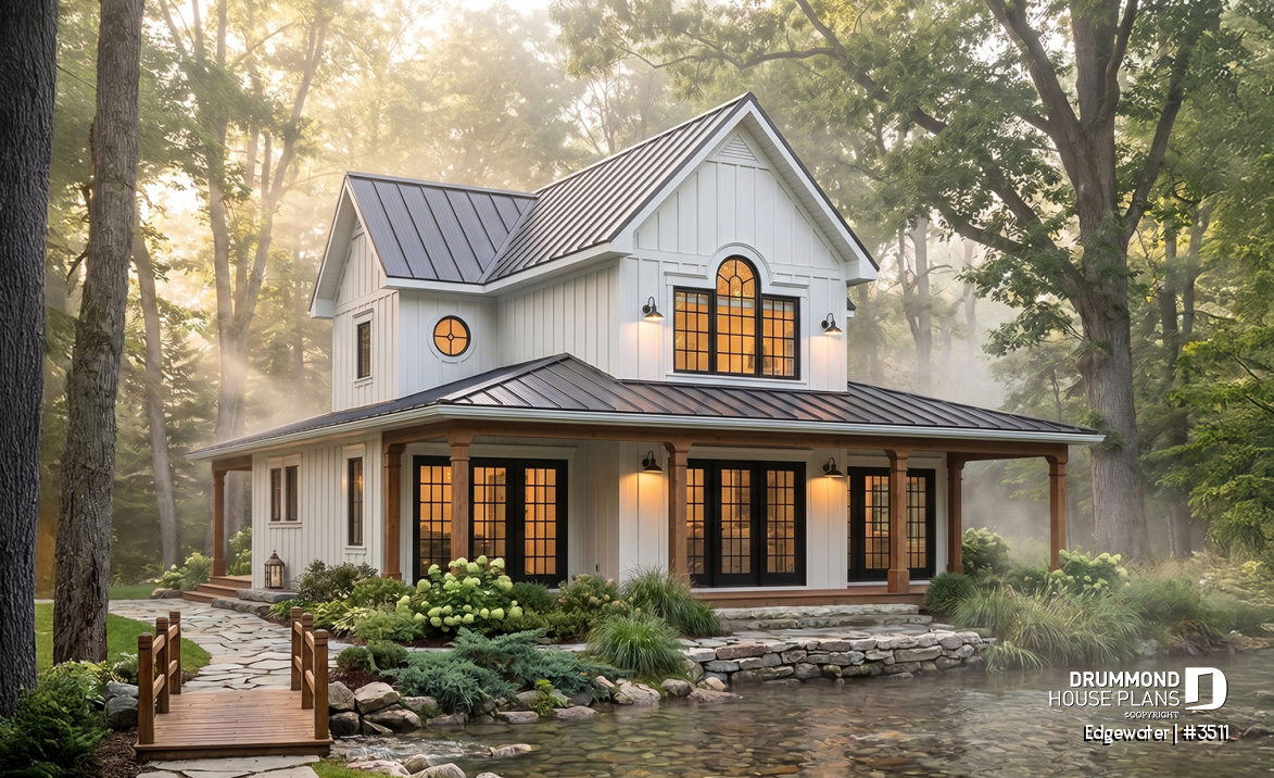 front - BASE MODEL - 4 season Chalet or lakefront home plan with two fireplaces, 3 to 4 bedrooms, two family rooms, covered porch - Edgewater