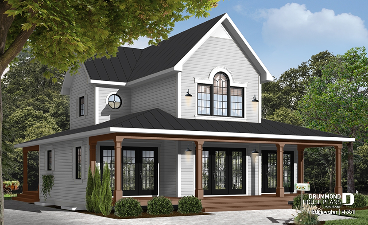 front - BASE MODEL - 4 season Chalet or lakefront home plan with two fireplaces, 3 to 4 bedrooms, two family rooms, covered porch - Edgewater