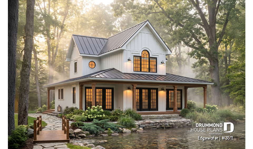 front - BASE MODEL - 4 season Chalet or lakefront home plan with two fireplaces, 3 to 4 bedrooms, two family rooms, covered porch - Edgewater