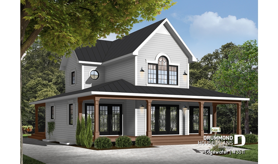 front - BASE MODEL - 4 season Chalet or lakefront home plan with two fireplaces, 3 to 4 bedrooms, two family rooms, covered porch - Edgewater