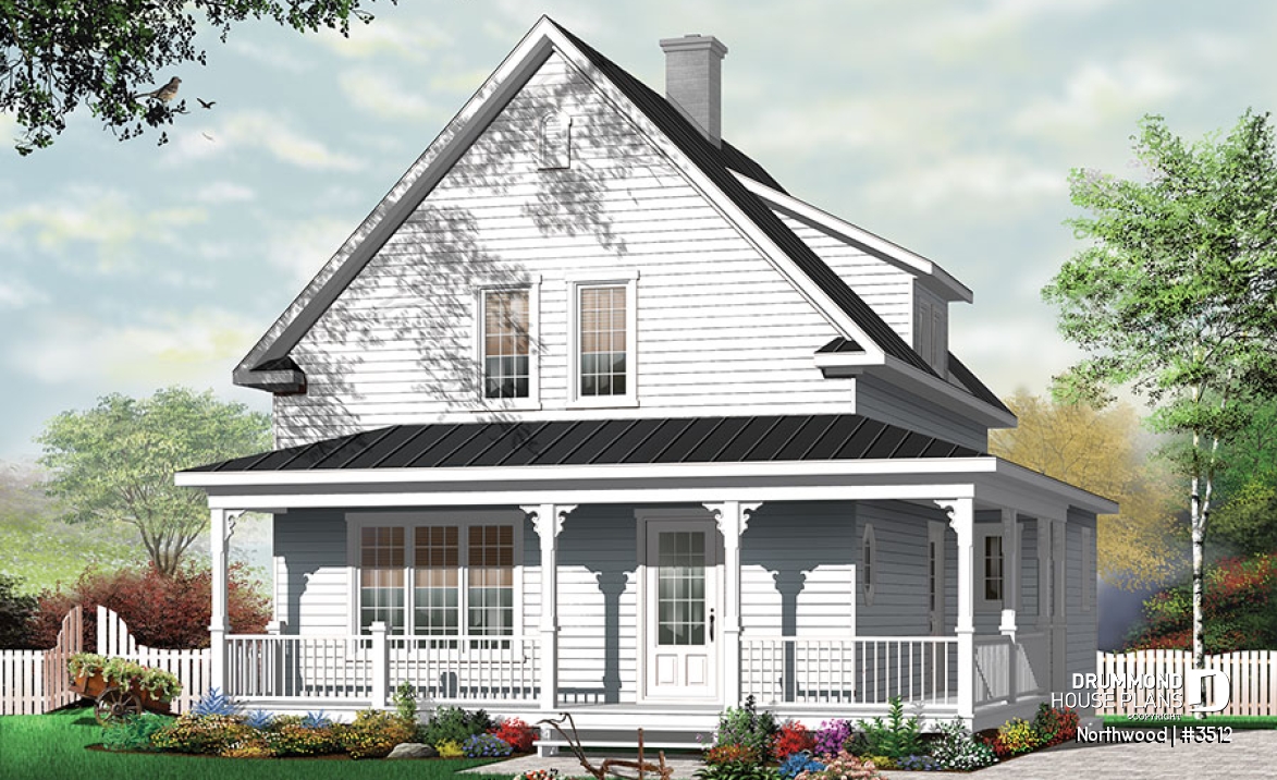 front - BASE MODEL - Country cottage with covered porch, 3 large bedrooms, fireplace in family room, laundry area on main living - Northwood