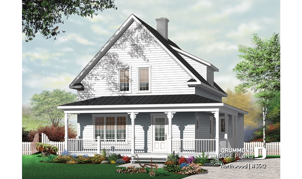 front - BASE MODEL - Country cottage with covered porch, 3 large bedrooms, fireplace in family room, laundry area on main living - Northwood