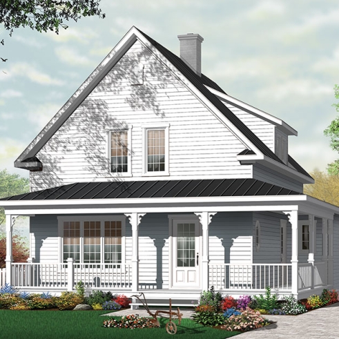front - BASE MODEL - Country cottage with covered porch, 3 large bedrooms, fireplace in family room, laundry area on main living - Northwood