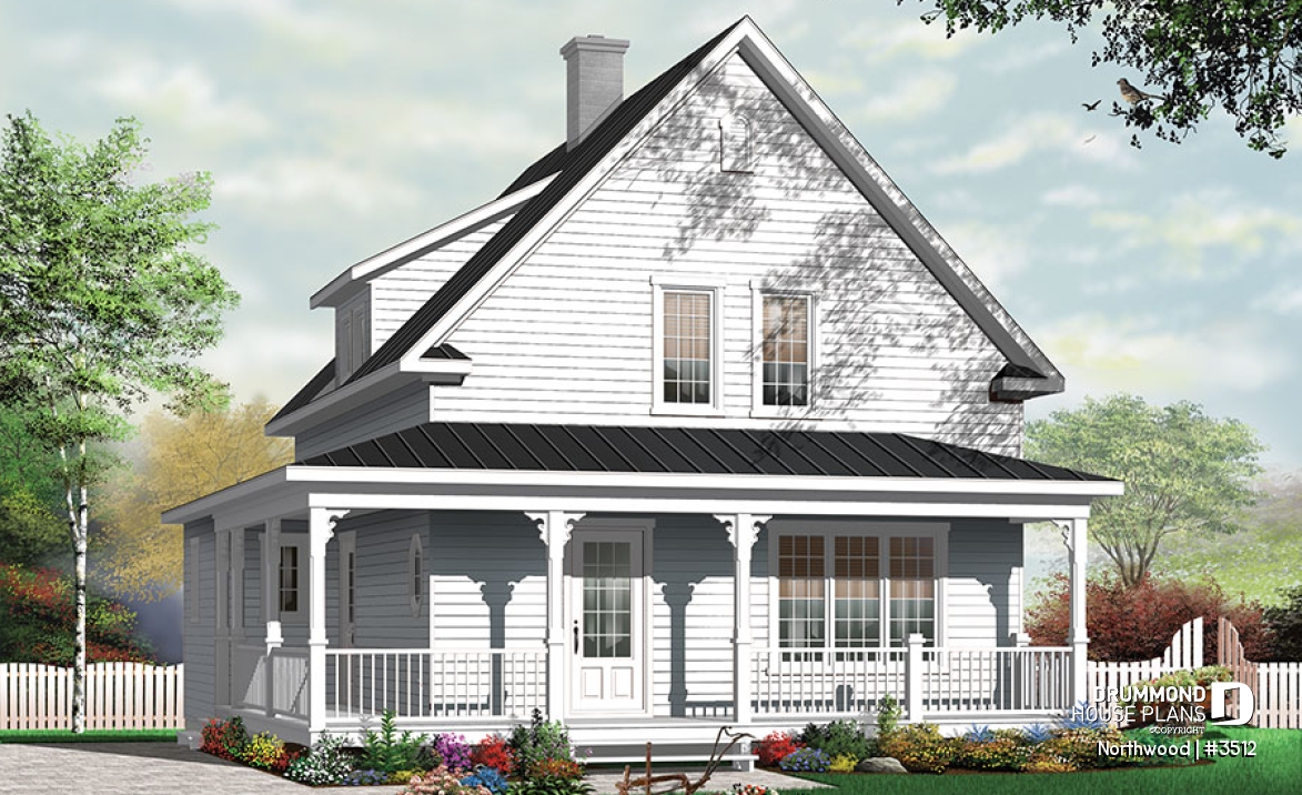 front - BASE MODEL - Country cottage with covered porch, 3 large bedrooms, fireplace in family room, laundry area on main living - Northwood