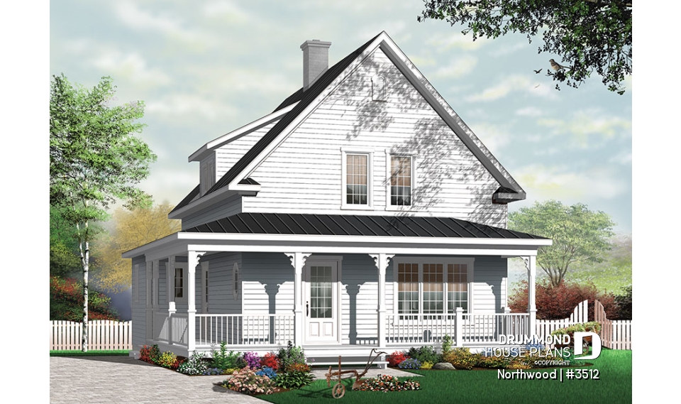 front - BASE MODEL - Country cottage with covered porch, 3 large bedrooms, fireplace in family room, laundry area on main living - Northwood