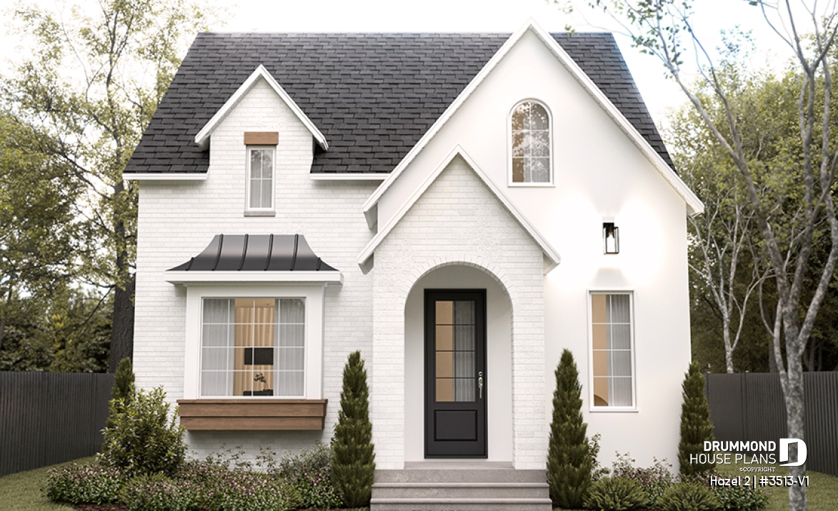 front - BASE MODEL - Charming story book cottage plan w/ 3 to 4 bedrooms, 3.5 baths, fireplace, sheltered terrace and home theater. - Hazel 2