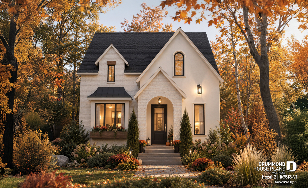 front - BASE MODEL - Charming story book cottage plan w/ 3 to 4 bedrooms, 3.5 baths, fireplace, sheltered terrace and home theater. - Hazel 2