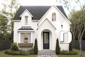 front - BASE MODEL - Charming story book cottage plan w/ 3 to 4 bedrooms, 3.5 baths, fireplace, sheltered terrace and home theater. - Hazel 2