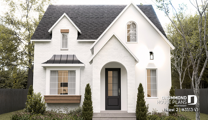 front - BASE MODEL - Charming story book cottage plan w/ 3 to 4 bedrooms, 3.5 baths, fireplace, sheltered terrace and home theater. - Hazel 2