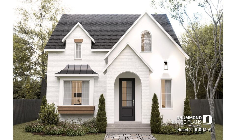 front - BASE MODEL - Charming story book cottage plan w/ 3 to 4 bedrooms, 3.5 baths, fireplace, sheltered terrace and home theater. - Hazel 2