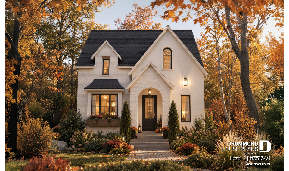 front - BASE MODEL - Charming story book cottage plan w/ 3 to 4 bedrooms, 3.5 baths, fireplace, sheltered terrace and home theater. - Hazel 2