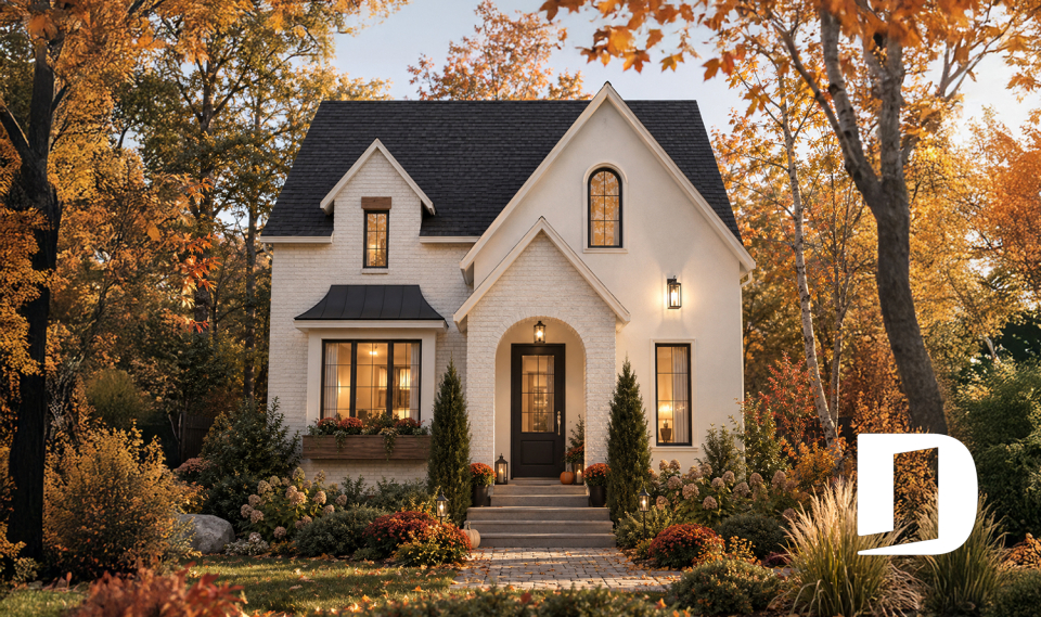 front - BASE MODEL - Charming story book cottage plan w/ 3 to 4 bedrooms, 3.5 baths, fireplace, sheltered terrace and home theater. - Hazel 2