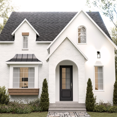 front - BASE MODEL - Charming story book cottage plan w/ 3 to 4 bedrooms, 3.5 baths, fireplace, sheltered terrace and home theater. - Hazel 2