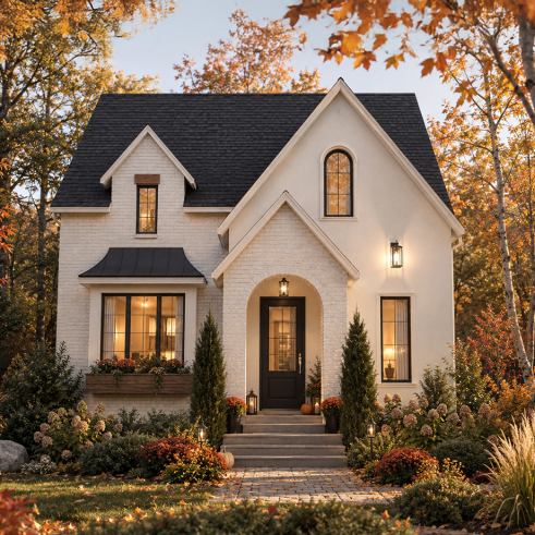front - BASE MODEL - Charming story book cottage plan w/ 3 to 4 bedrooms, 3.5 baths, fireplace, sheltered terrace and home theater. - Hazel 2