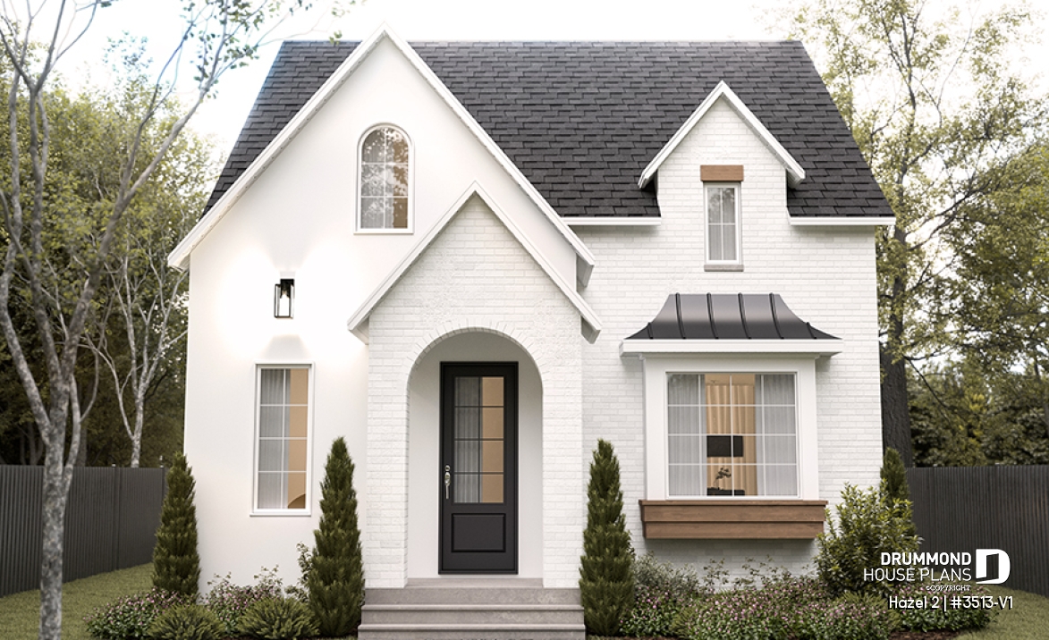 front - BASE MODEL - Charming story book cottage plan w/ 3 to 4 bedrooms, 3.5 baths, fireplace, sheltered terrace and home theater. - Hazel 2