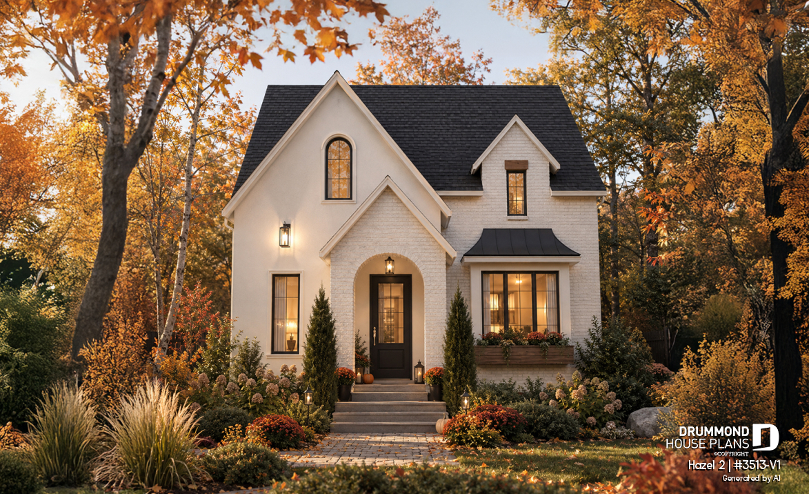 front - BASE MODEL - Charming story book cottage plan w/ 3 to 4 bedrooms, 3.5 baths, fireplace, sheltered terrace and home theater. - Hazel 2