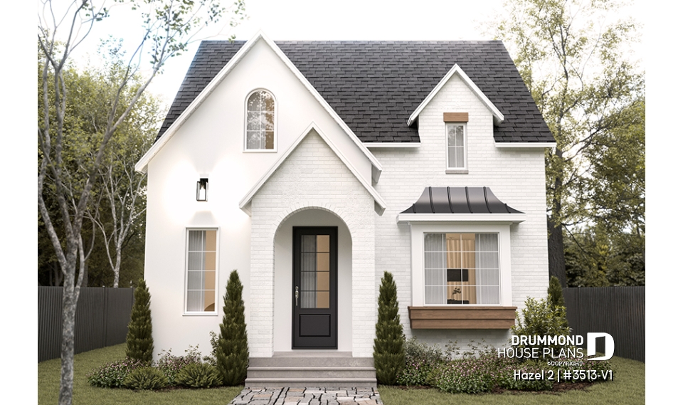 front - BASE MODEL - Charming story book cottage plan w/ 3 to 4 bedrooms, 3.5 baths, fireplace, sheltered terrace and home theater. - Hazel 2