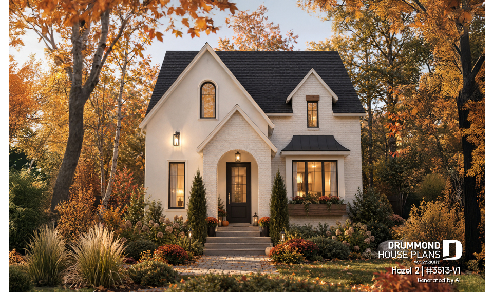 front - BASE MODEL - Charming story book cottage plan w/ 3 to 4 bedrooms, 3.5 baths, fireplace, sheltered terrace and home theater. - Hazel 2