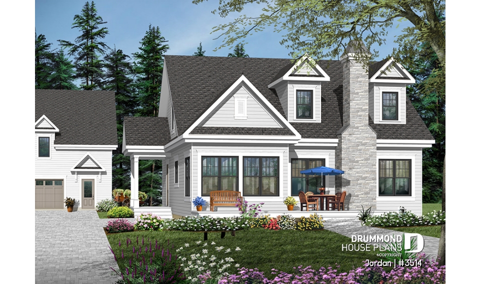 front - BASE MODEL - Farmhouse Modern Cottage stye house plan offering lots of natura light, 3 to 4 bedrooms, pantry, fireplace - Jordan