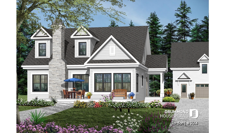 front - BASE MODEL - Farmhouse Modern Cottage stye house plan offering lots of natura light, 3 to 4 bedrooms, pantry, fireplace - Jordan
