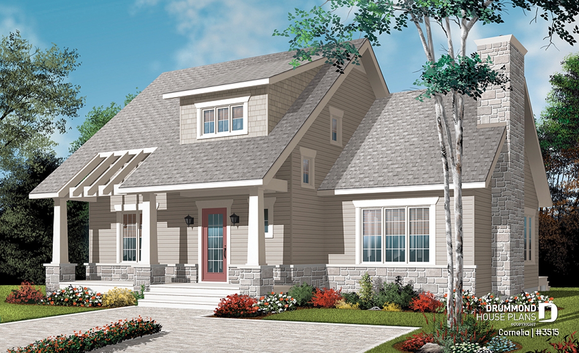 front - BASE MODEL - House plan with cathedral ceiling, master bed with ensuite, open kitchen / dining / family floor plan concept - Cornelia