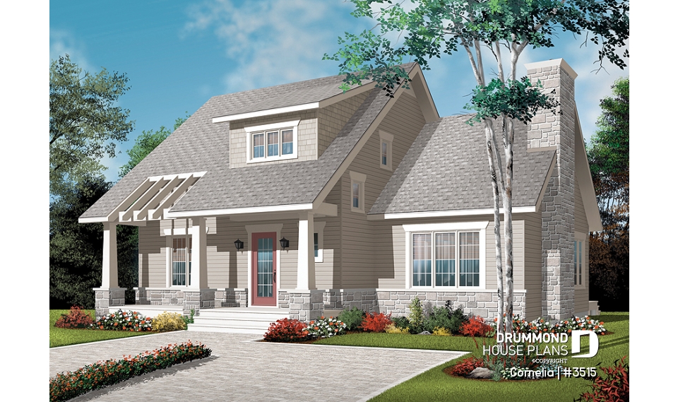 front - BASE MODEL - House plan with cathedral ceiling, master bed with ensuite, open kitchen / dining / family floor plan concept - Cornelia