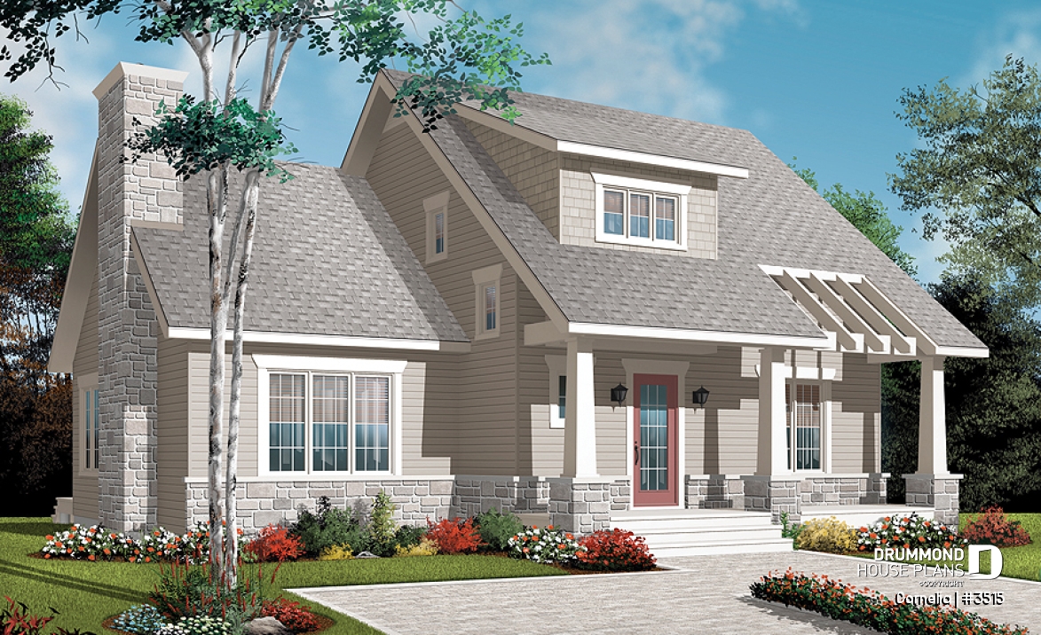 front - BASE MODEL - House plan with cathedral ceiling, master bed with ensuite, open kitchen / dining / family floor plan concept - Cornelia