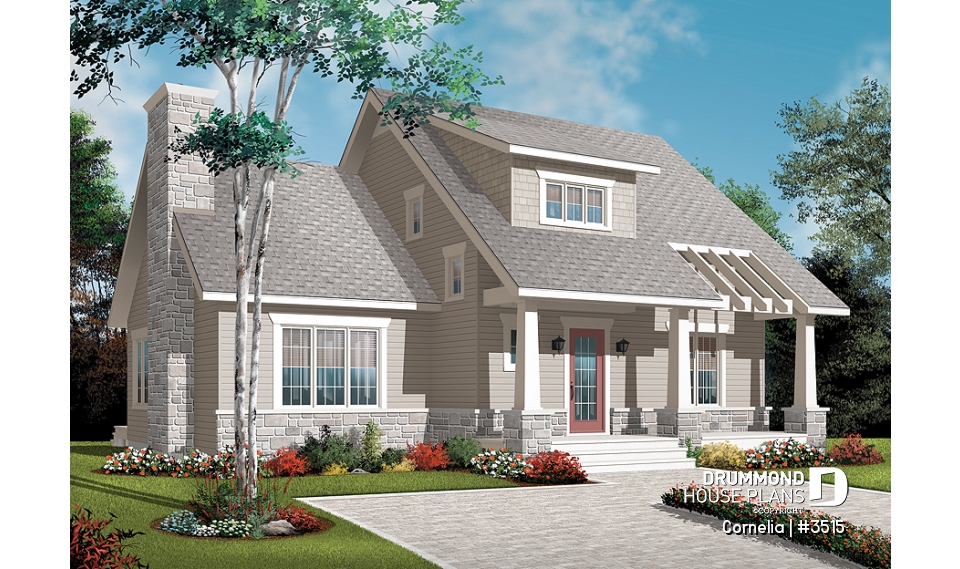 front - BASE MODEL - House plan with cathedral ceiling, master bed with ensuite, open kitchen / dining / family floor plan concept - Cornelia