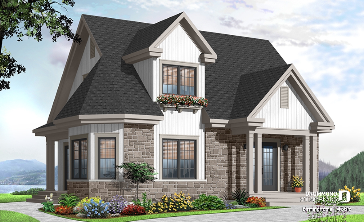 front - BASE MODEL - Country style 2-storey home plan, 3 bedroom cottage with large living room and 8'6 - Birminghame
