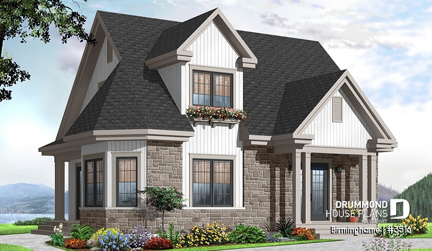 front - BASE MODEL - Country style 2-storey home plan, 3 bedroom cottage with large living room and 8'6 - Birminghame