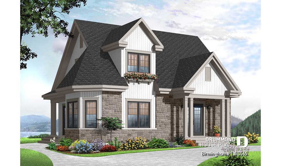 front - BASE MODEL - Country style 2-storey home plan, 3 bedroom cottage with large living room and 8'6 - Birminghame
