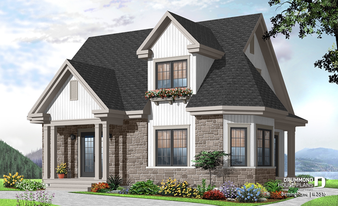 front - BASE MODEL - Country style 2-storey home plan, 3 bedroom cottage with large living room and 8'6 - Birminghame
