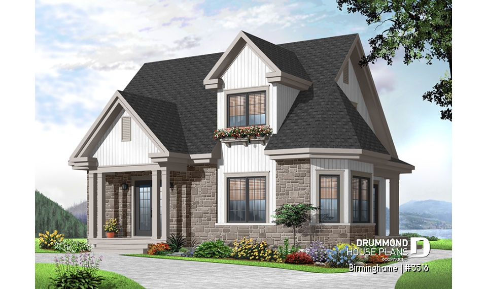 front - BASE MODEL - Country style 2-storey home plan, 3 bedroom cottage with large living room and 8'6 - Birminghame