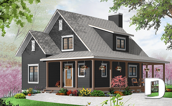 Color version 1 - Front - Beautiful farmhouse cottage house plan with wraparound porch, 3 beds, open floor plan, fireplace, mezzanine - Hickory Lane