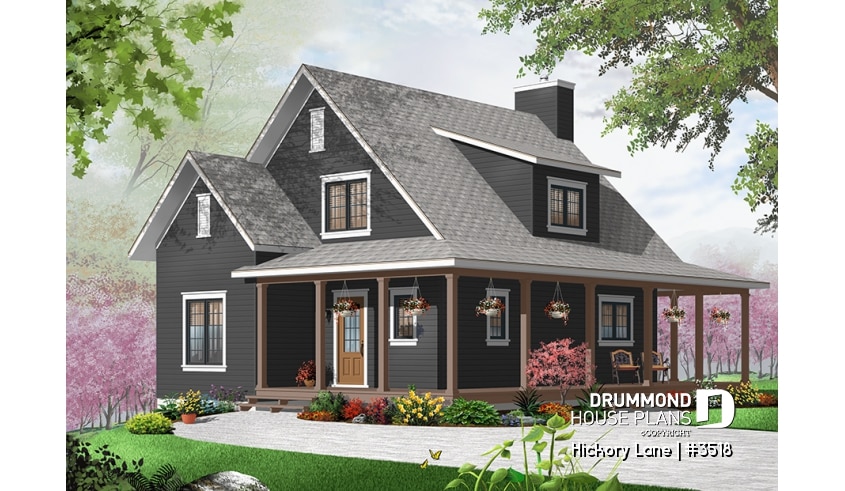Color version 1 - Front - Beautiful farmhouse cottage house plan with wraparound porch, 3 beds, open floor plan, fireplace, mezzanine - Hickory Lane