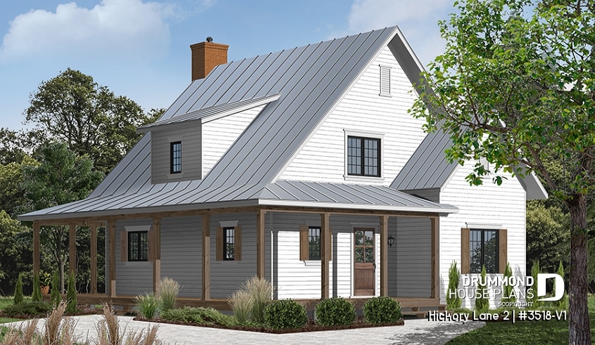 Color version 1 - Front - Beautiful and small new modern cottage house plan, 4 bedrooms, 2 baths, open floor plan, affordable, fireplace - Hickory Lane 2