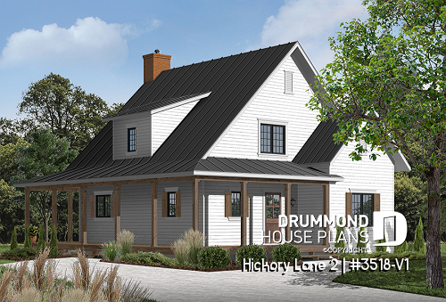 front - BASE MODEL - Beautiful and small new modern cottage house plan, 4 bedrooms, 2 baths, open floor plan, affordable, fireplace - Hickory Lane 2