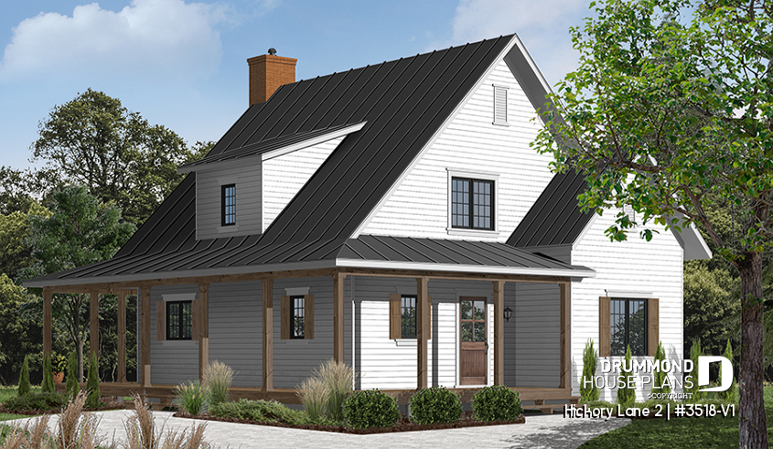 front - BASE MODEL - Beautiful and small new modern cottage house plan, 4 bedrooms, 2 baths, open floor plan, affordable, fireplace - Hickory Lane 2